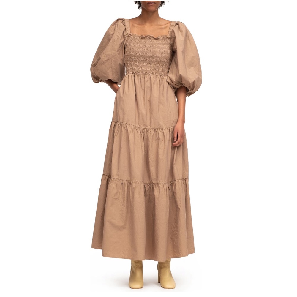 Sea Puff Sleeve Open Back Smocked Cotton Maxi Midi Dress - Picture 5 of 7